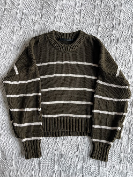 Jenni Kayne Sweaters - Jenni Kayne Chloe Striped Cotton Crewneck Sweater in Warm Olive Cream Sz M